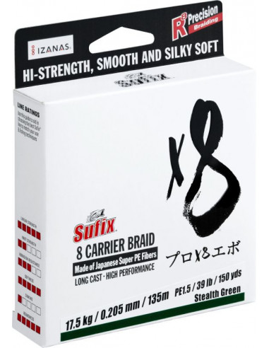 Sufix X8 Carrier Braid 0,165 mm/ 10,5 kg./ 150 m / Stealth Green